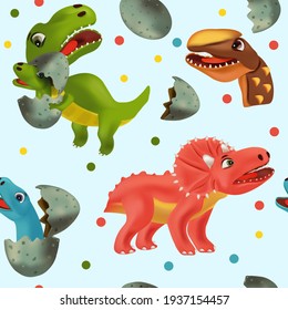 Seamless pattern with Funny Dinosaur and Pterodactyl for your design textile, wallpapers, fabric, posters. Funny dinosaurs hatching from an egg. Vector illustration.