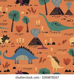 Seamless pattern with funny dinosaurs in cartoon. Perfect for kids fabric, textile, nursery wallpaper.