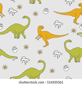 Seamless pattern with funny dinosaurs in cartoon. Baby background.