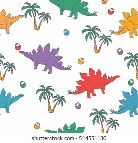 Seamless pattern with funny dinosaurs in cartoon. Baby background.