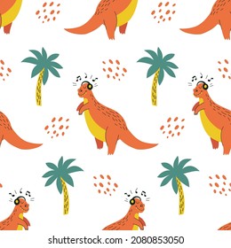 Seamless pattern with funny dinosaurs in hand drawn style. Creative childish texture. Great for fabric, textile. Isolated on white background vector illustration