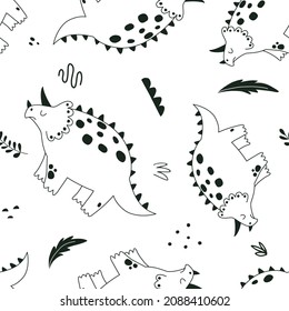 Seamless pattern with funny dinosaurs in hand drawn style. Creative childish texture. Outline hand drawing. Great for fabric, textile. Isolated on white background vector illustration
