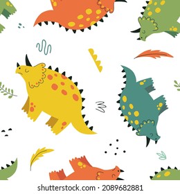 Patrón sin foco con dinosaurios graciosos de estilo dibujado a mano. Textura infantil creativa. Excelente para tela, textil. Aislado en ilustración vectorial de fondo blanco