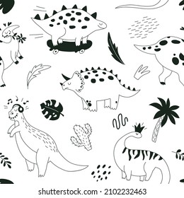 Seamless pattern with funny dinosaurs in hand drawn style. Creative childish texture. Outline hand drawing. Great for fabric, textile. Isolated on white background vector