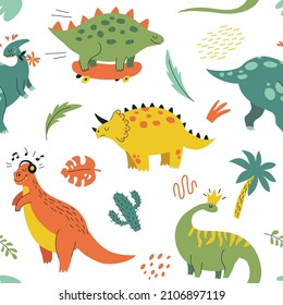 Seamless pattern with funny dinosaurs in hand drawn style. Creative childish texture. Great for fabric, textile. Isolated on white background vector illustration