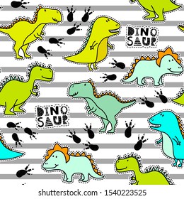 Seamless pattern with funny dinosaurs on stripes background. Print for kids