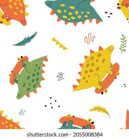 Seamless pattern with funny dinosaurs on a skateboard in hand drawn style. Creative childish texture. Great for fabric, textile. Isolated on white background vector illustration