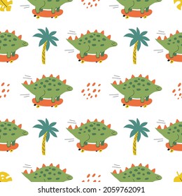 Seamless pattern with funny dinosaurs on a skateboard in hand drawn style. Creative childish texture. Great for fabric, textile. Isolated on white background vector illustration