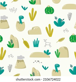 Seamless pattern with funny dinosaurs on a beige background with stones and plants. Use for textiles, packaging paper, posters, backgrounds, decoration of childrens parties. Vector illustration