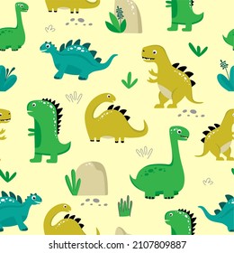 Seamless pattern with funny dinosaurs on a yellow background. Use for textiles, packaging paper, posters, backgrounds, decoration of children's parties. Vector illustration