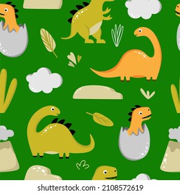 Seamless pattern with funny dinosaurs on a green background. Use for textiles, packaging paper, posters, backgrounds, decoration of children's parties. Vector illustration