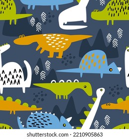 Seamless pattern with funny dinosaurs.Colorful  Background. Print for little kids