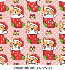 Seamless pattern with funny dog breed welsh corgi as a gift in Christmas sock, on pink background. Excellent design for packaging, wrapping paper, textile etc.