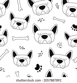 Seamless pattern with funny dog faces in hand drawn style. Outline hand drawing. Great for textiles, stickers, cards, wallpaper, wrapping paper. Isolated on white background vector illustration