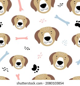 Seamless pattern with funny dog faces in hand drawn style. Great for textiles, stickers, cards, poster, wallpaper, wrapping paper. Isolated on white background vector