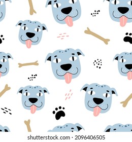 Seamless pattern with funny dog faces in hand drawn style. Great for textiles, stickers, cards, poster, wallpaper, wrapping paper. Isolated on white background vector