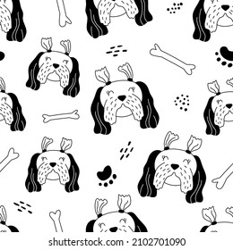 Seamless pattern with funny dog faces in hand drawn style. Outline hand drawing. Great for textiles, stickers, cards, wallpaper, wrapping paper. Isolated on white