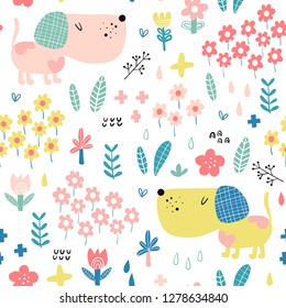 Patrón sin inconvenientes con perro gracioso y flores sobre un fondo blanco. Ilustración vectorial para niños.