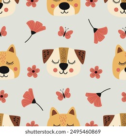 seamless pattern with funny dog heads, flowers, butterflies
