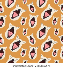 Seamless pattern with funny dog ​​head with open mouth. Vector illustration in hand drawn style