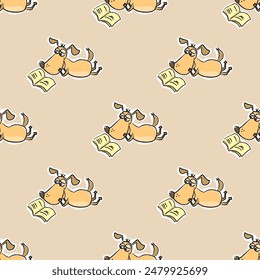 Seamless pattern with funny dog read book, hand drawn texture design isolated on white background. Cute pet spends time reading or learning. Smart animal with textbook. Doodle vector illustration