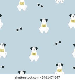 Seamless pattern with funny dog and sunglasses at blue background. Great for fabric, textile, print, wrapping paper
