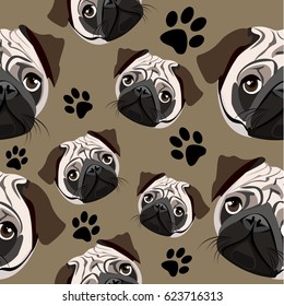 Seamless pattern with funny dogs. Abstract seamless pattern on brown background with cartoon character of Pug puppy. Creative funny repeated backdrop. background for fashion textile, wrapping paper