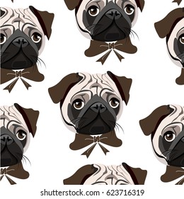 Seamless pattern with funny dogs. Abstract seamless pattern on white background with cartoon character of Pug puppy. Creative funny repeated backdrop. background for fashion textile, wrapping paper