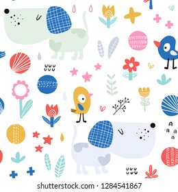 Seamless pattern with funny dogs, birds and flowers on a white background. Vector illustration for kids.