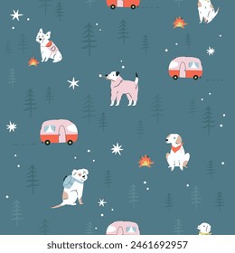 Seamless pattern with funny dogs and camping trailer in the forest. Great for fabric, textile, print, wrapping paper