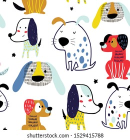 Seamless pattern with funny dogs. Creative childish texture in scandinavian style. Great for fabric, textile Vector Illustration