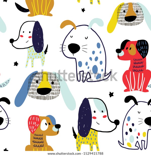 おかしな犬とシームレスな柄 北欧風のクリエイティブな子どもじみたテクスチャー 織物 織物用ベクターイラスト のベクター画像素材 ロイヤリティフリー