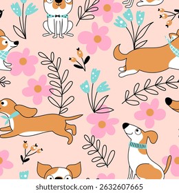 Seamless pattern with funny dogs. Cute dogs of different breeds with flowers on a pink background in vector. Perfect for kids fabric, textile, nursery decoration,wrapping paper.