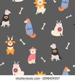 Seamless pattern with funny dogs in different costumes. Vector wallpaper design with adorable character