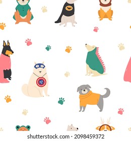 Seamless pattern with funny dogs in different costumes. Vector wallpaper design with adorable character