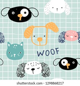 Seamless pattern with funny dogs faces. Cute kids textile print. Vector hand drawn illustration.