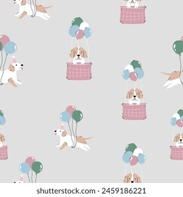 Seamless pattern with funny dogs flying at hot air balloons. Illustration for textile, print, wrapping paper, gift boxes