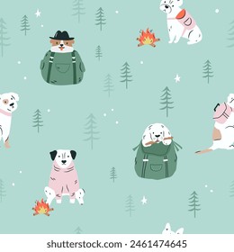 Seamless pattern with funny dogs in the forest. Great for fabric, textile, print, wrapping paper