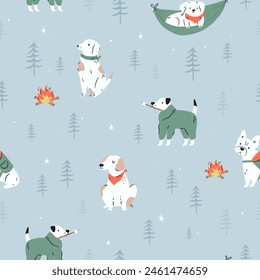 Seamless pattern with funny dogs in the forest. Great for fabric, textile, print, wrapping paper