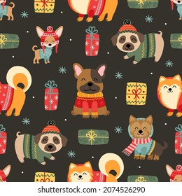 seamless pattern with funny dogs and gifts