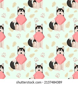 Seamless pattern with funny dogs. Husky. Cartoon design.
