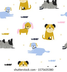 Seamless pattern with funny dogs. Kids trendy print. Vector hand drawn illustration.