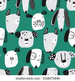 Seamless pattern with funny dogs on a green background. Perfect for kids apparel, fabric, textile, nursery decoration, wrapping paper.