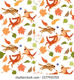 Seamless pattern of funny dogs on a white background. Dogs jump, play, catch the ball in the autumn forest. Yellow leaves are falling.