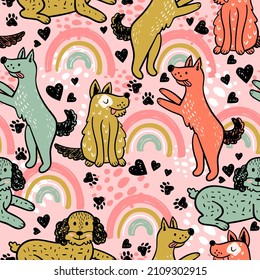 Seamless pattern with funny dogs on background with rainbow and hearts in vector. Background with cute pets dogs in scandinavian style. Template for children's clothing, fabric, wrapping paper.
