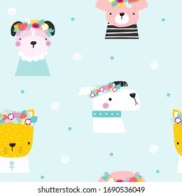 Seamless pattern with funny dogs. Pastel childish print. Vector hand drawn illustration.