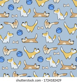 Seamless pattern with funny dogs playing. Perfect for kids. Bone, ball and terrier doodles on blue background
