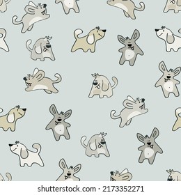 Nahtlose Muster mit lustigen Hunden spielen. Ideal für Kinder. Welpen, Hund, Traumdoodles auf weißem Hintergrund
