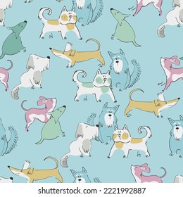 Seamless pattern with funny dogs playing. Perfect for kids. Bone, ball and terrier doodles on blue background