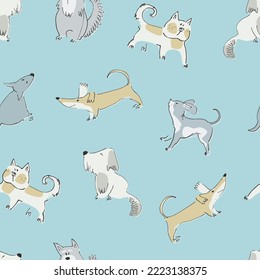 Seamless pattern with funny dogs playing. Perfect for kids. Bone, ball and terrier doodles on blue background